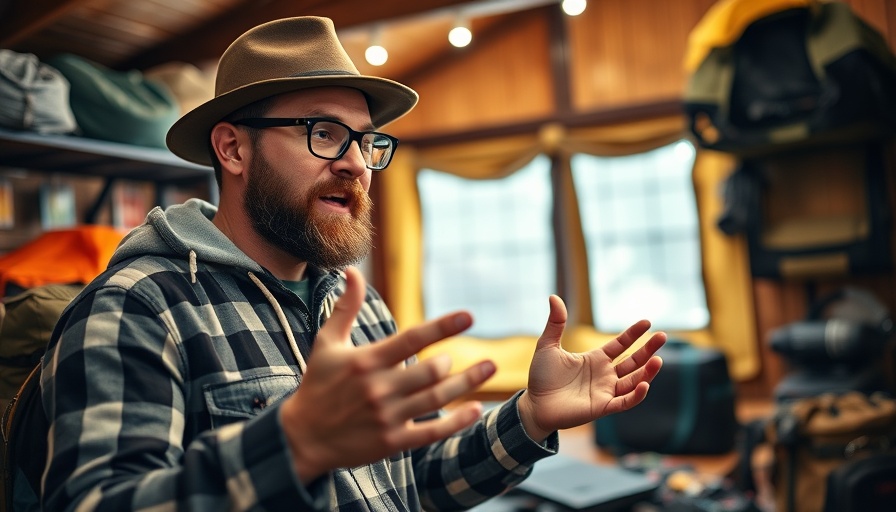 Enthusiastic man discussing camping gear checklist.