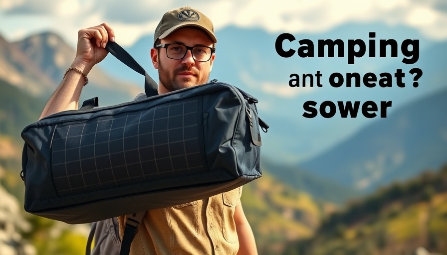 Man showcasing solar power bag for camping with mountain backdrop.