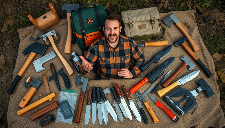 Variety of camping gear with man in plaid for best camping gear for beginners.