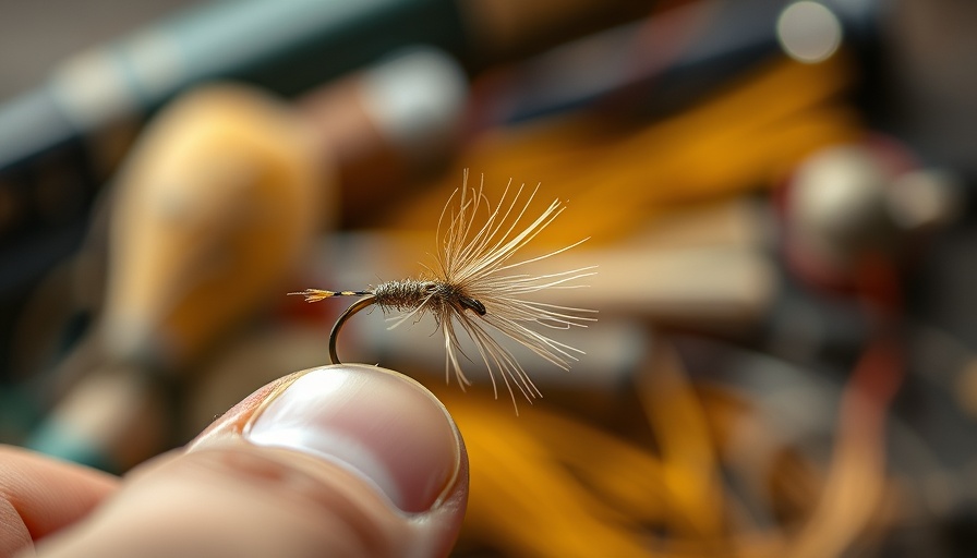 Close-up of fly fishing lure in hand, beginner fly fishing gear.