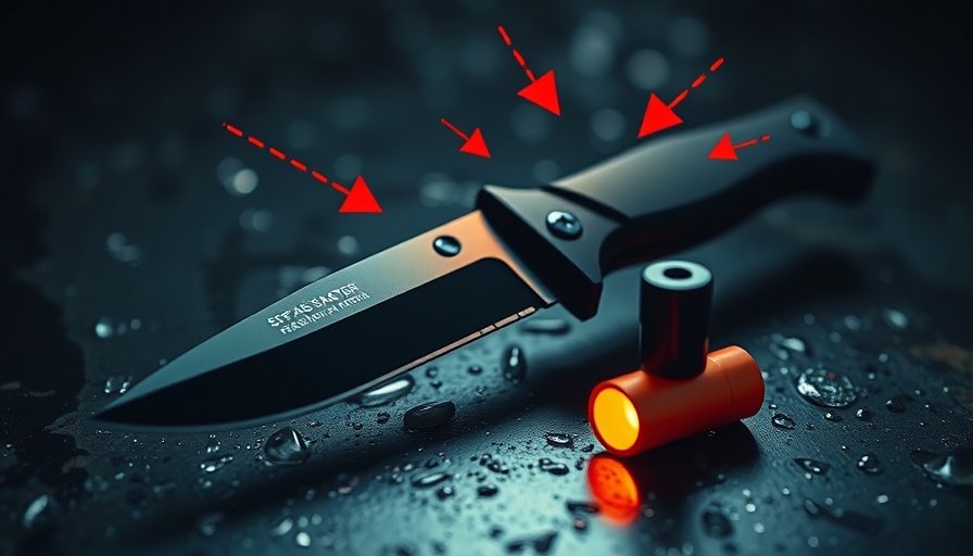 Tactical survival knife with fire starter on wet surface, best camping gear for beginners.