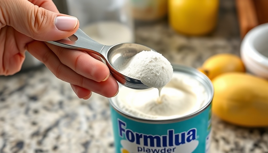 Close-up of scoop with baby formula powder in a kitchen setting.