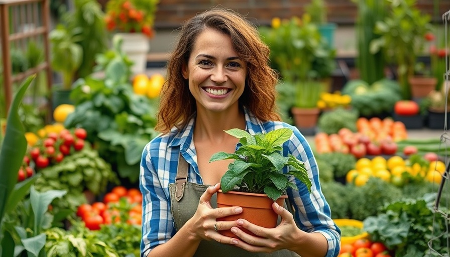 Gardener holding pot with vegetables, types of seeds display.