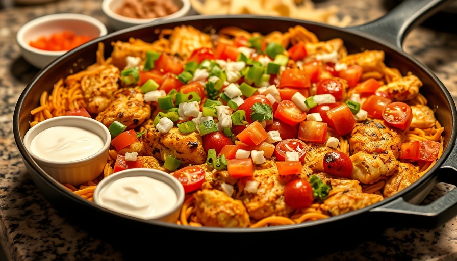 Easy Chicken Fajita Skillet Casserole with toppings and sides.