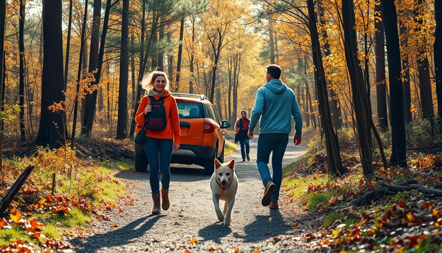 Energetic couple and dog approach orange SUV in forest, capturing Scout Motors' revival.