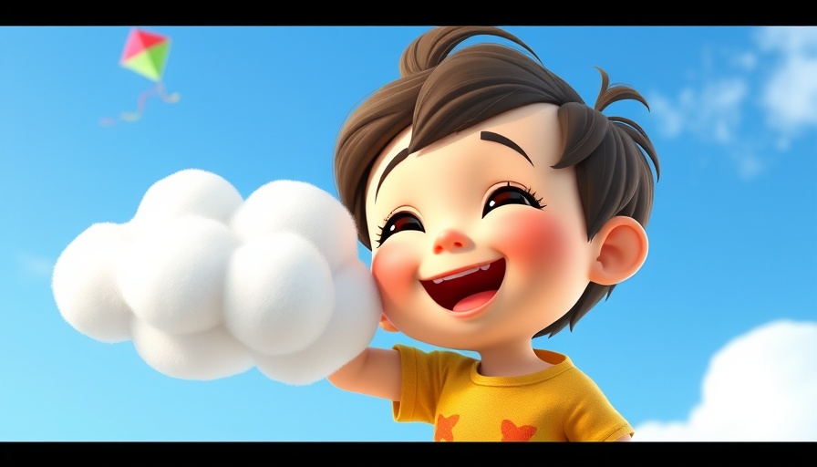 Children Fun: Cartoon child joyfully playing with a cloud, colorful scene.