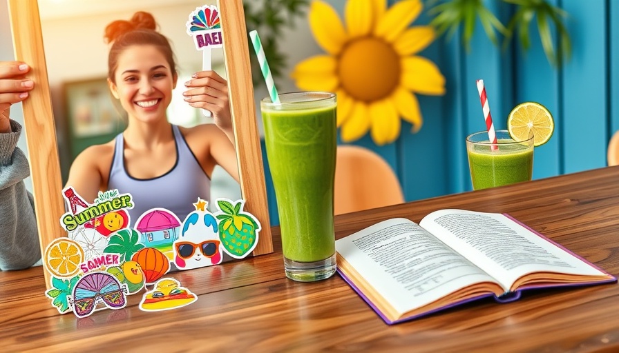Summer morning routine collage with young woman, smoothie, and stickers.