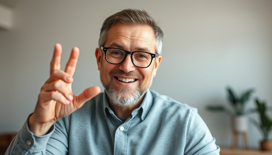 Man with glasses in a science-based non-invasive healing setting, gesturing positively.