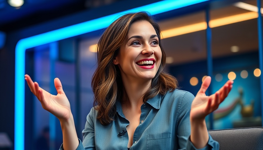 Smiling woman in blue-lit studio discussing Gorilla Glass Goggles exercise experience.