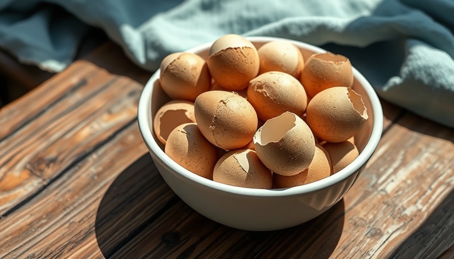 Eggshell Uses for Garden and Home: Bowl of cracked eggshells on wooden table.