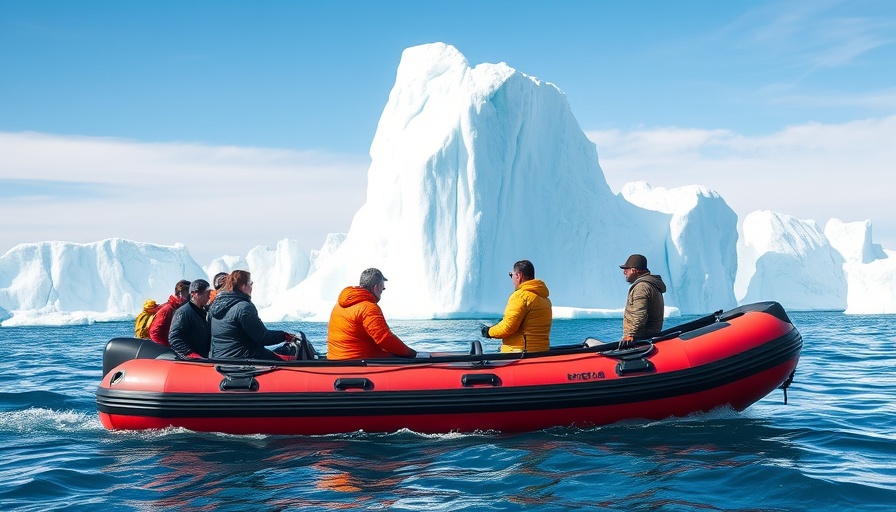Eco-adventure travelers exploring icebergs by boat.