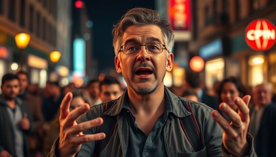 Casual man gesturing while speaking passionately on a busy street.