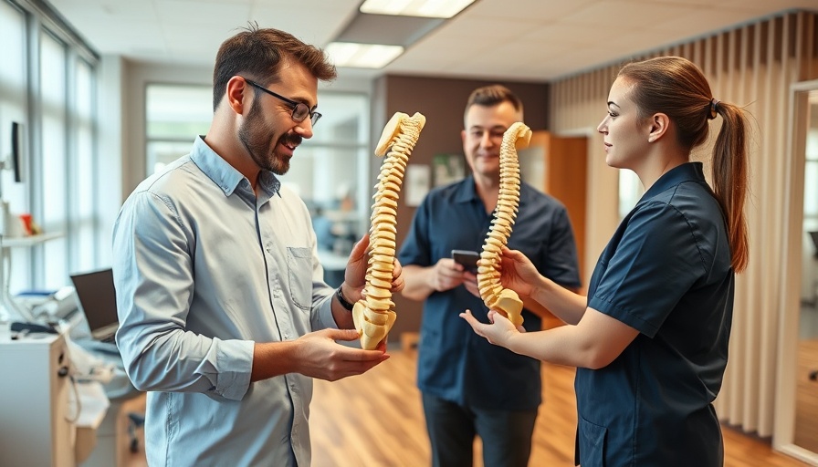 Active Listening Benefits in Sports: Chiropractor explains spine model in clinic.