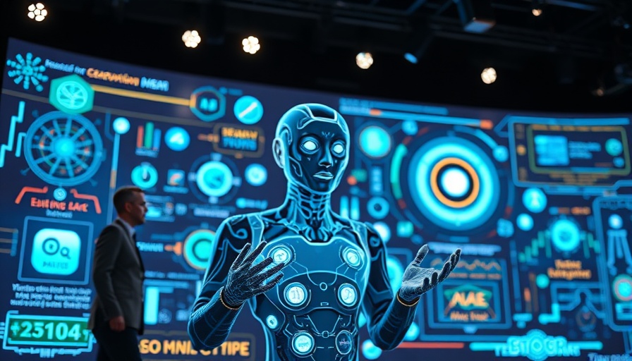 Futuristic technology trends 2026 presentation with AI display.