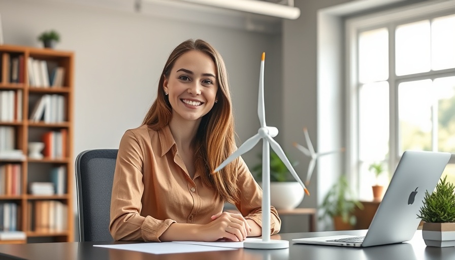 Confident woman in office with wind turbine model, highlighting sustainable business practices.