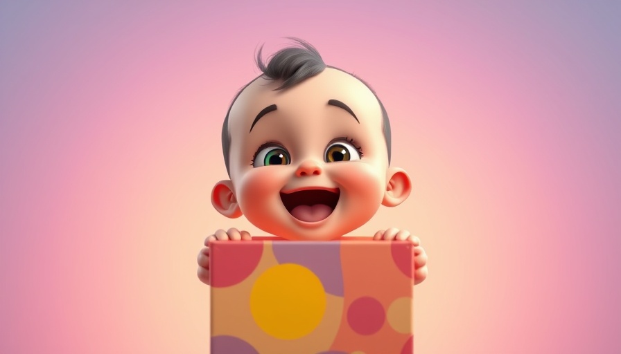 Animated baby enjoying a colorful gift box, children fun concept