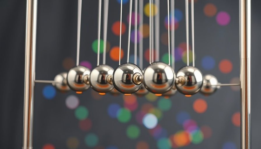 Dynamic Newton's cradle with metallic spheres, bright colors. Shared responsibility in sustainability.