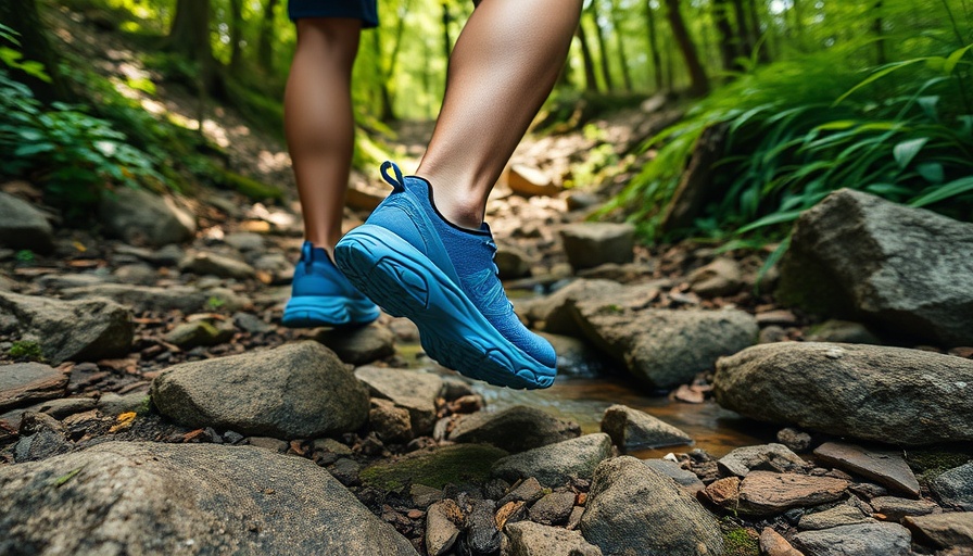 Blue Hoka Mafate 5 trail running shoes navigating rocky trail.