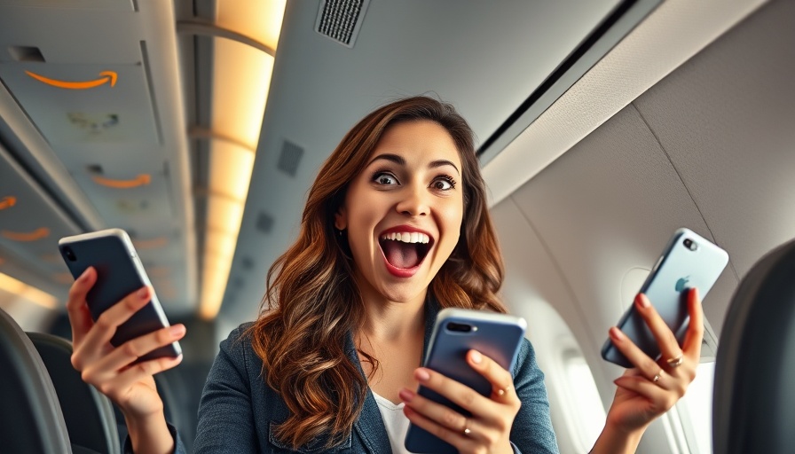 Enthusiastic woman displaying Amazon travel gadgets on airplane.
