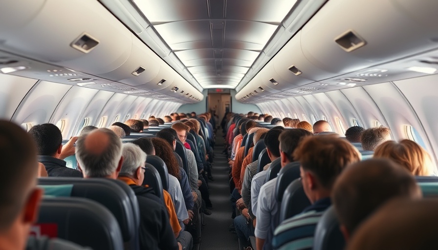 Interior of a crowded airplane with seated passengers, depicting air travel.