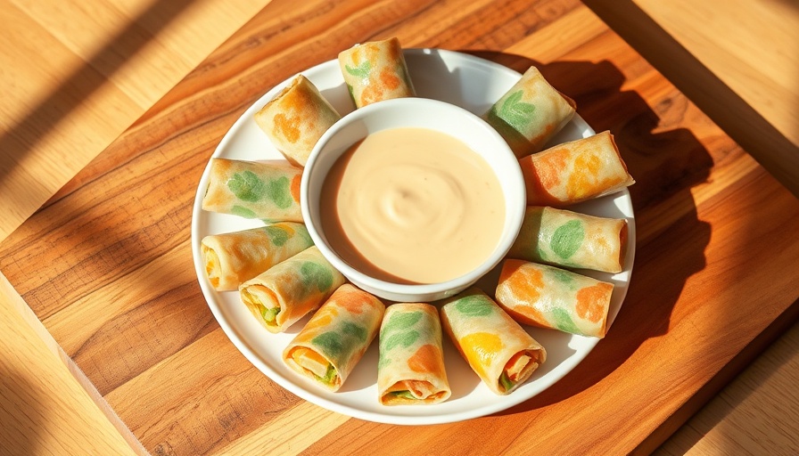 Healthy dining Ohio menu with spring rolls and dip on a wooden board.