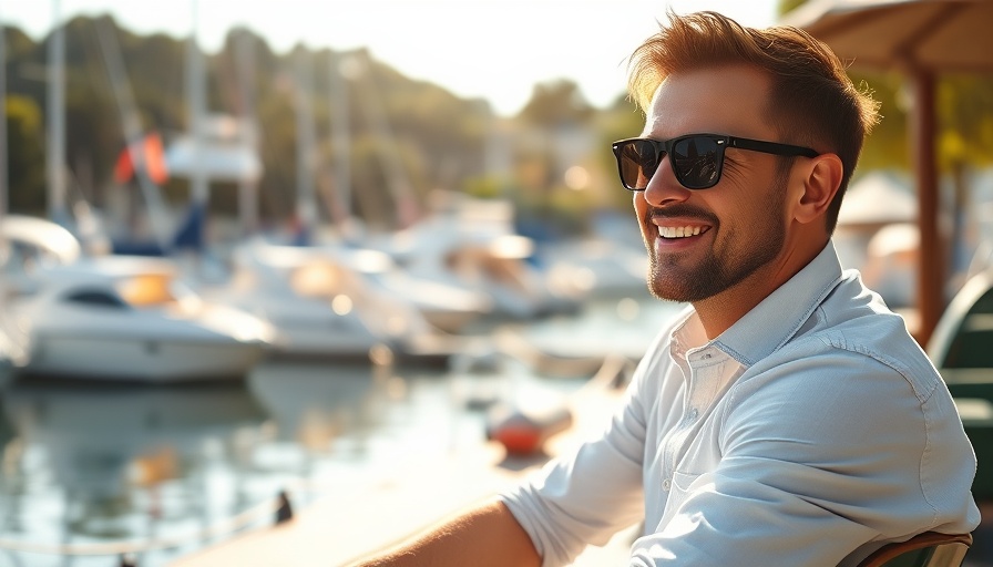 Man enjoying a sunny day by a marina, spending leisure time.