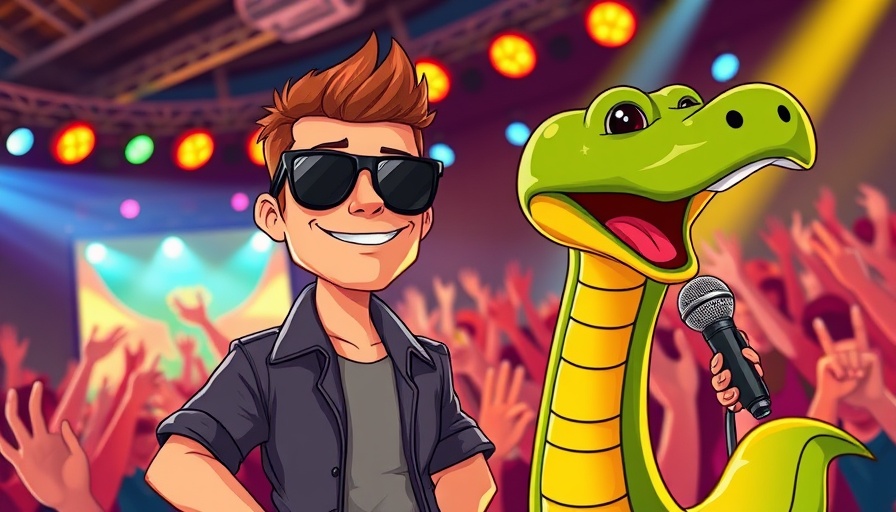 Cartoon of a man with sunglasses and snake with mic at event.
