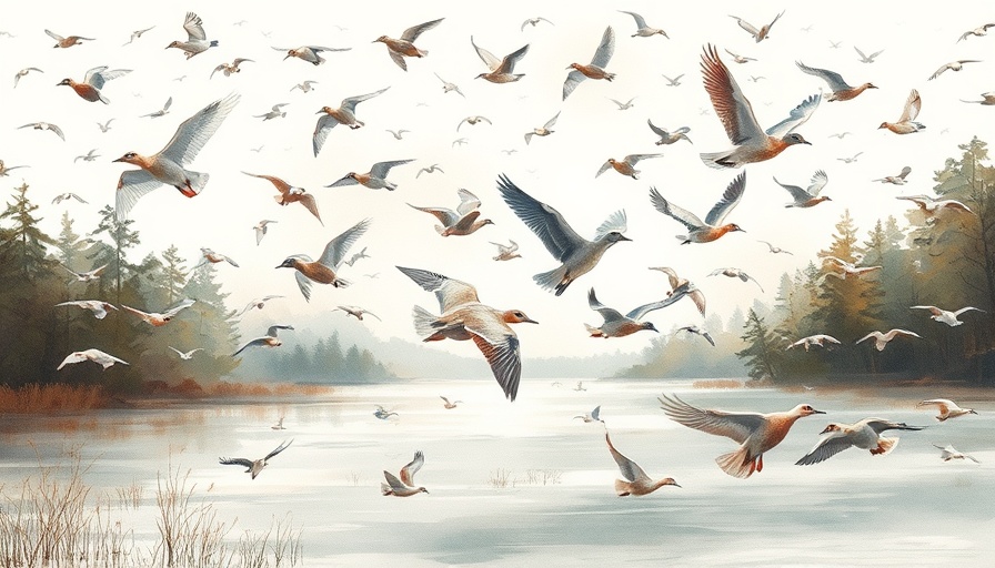 Watercolor illustration of waterfowl in a natural wetland.