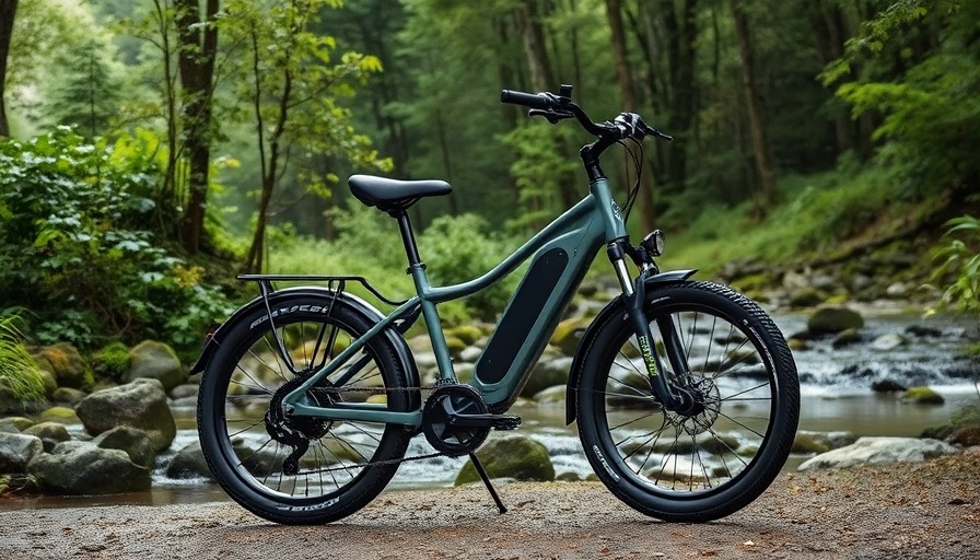 Bakcou Mule SD 26 eBike in lush forest by rocky stream.