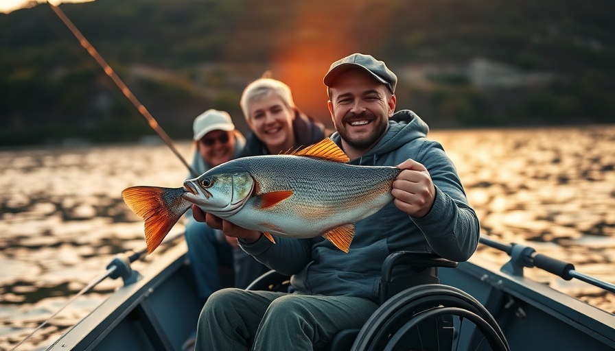 Young man in wheelchair enjoys fishing charter with friends at sunset.