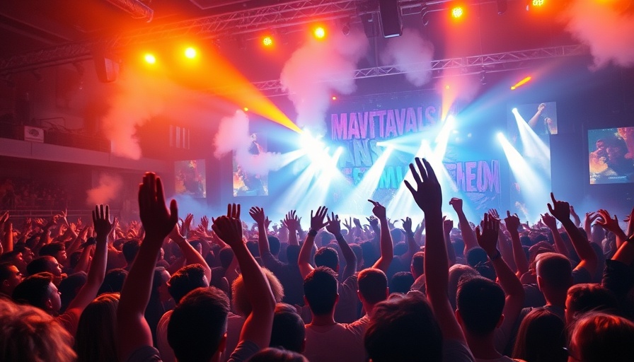 Energetic crowd at sustainable music festival with vibrant stage lights.