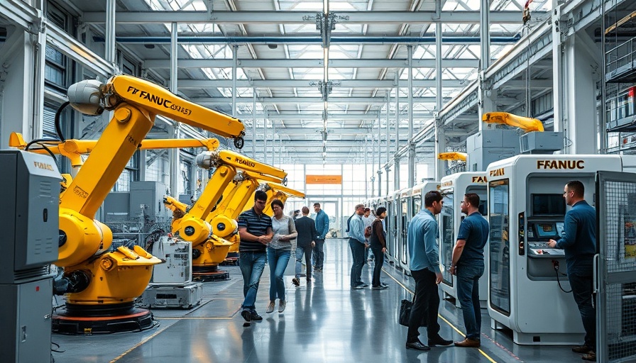 FANUC factory floor with robotic machinery and people, showcasing automation and innovation.