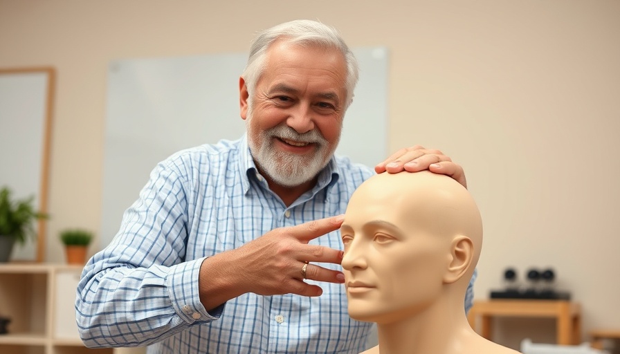 Elderly man demonstrates acupressure technique for triple energizer points, educational setup.