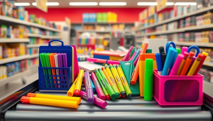 Colorful school supplies on a checkout belt symbolizing back-to-school anxiety.