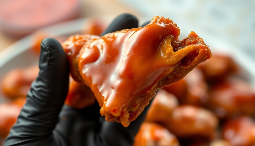Glazed honey sriracha wings held close-up, showcasing juicy texture.