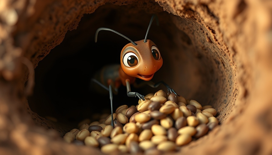 3D animated ant from VEO 3 cartoons munching seeds in a tunnel.