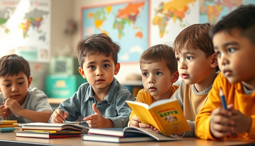 Students using eco-friendly supplies in a colorful classroom setting.
