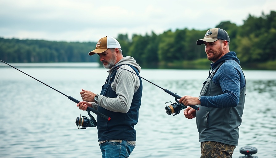 Focused anglers using spinning reels on a calm lake for bass fishing.