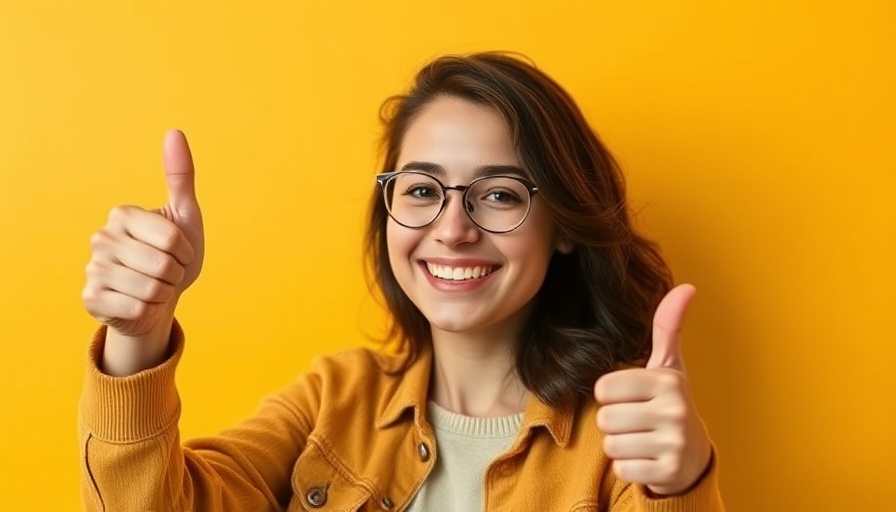 Young woman smiling and giving thumbs up against yellow backdrop.