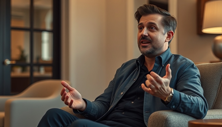 Casually dressed man animatedly discussing indoors, emphasizing meetings waste time.