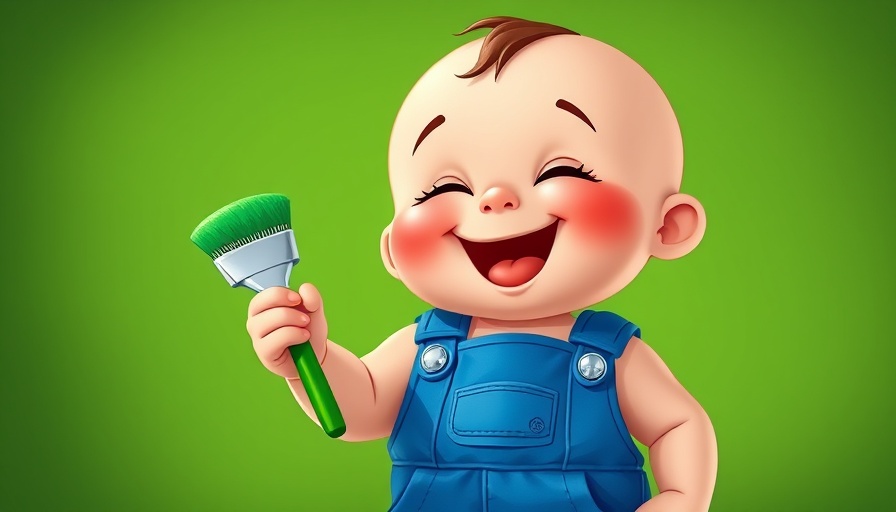 Cheerful cartoon baby painting in blue overalls, Learn Colors Coloring Fun for Kids.