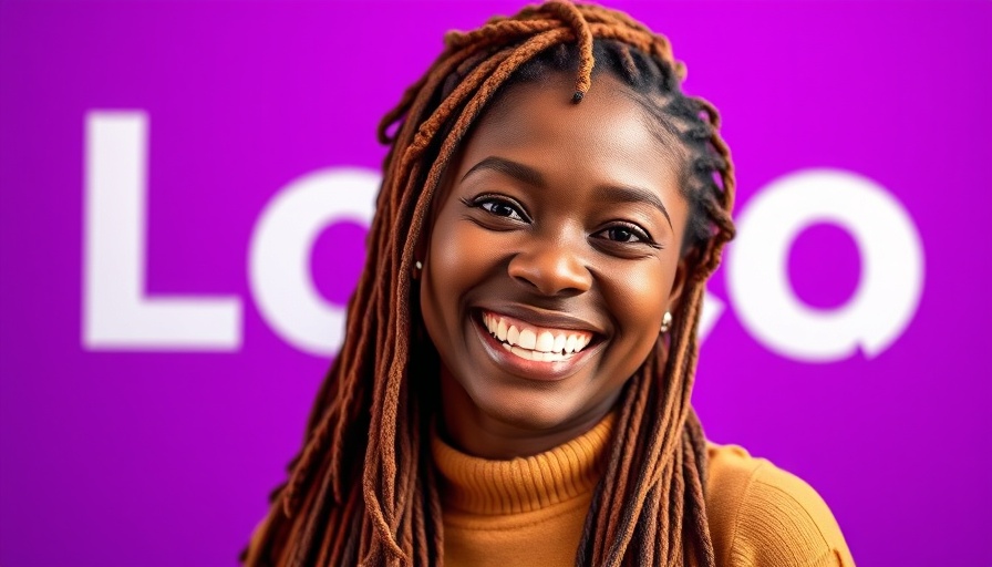 Cheerful woman promoting holistic living, vibrant purple background.