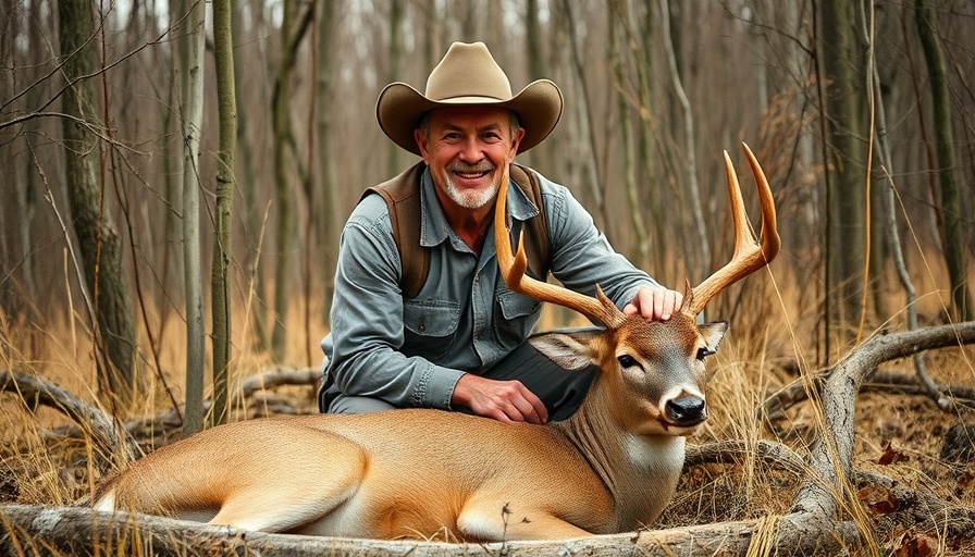 Man crouching beside hunted deer in woodland, debunking deer hunting cartridge myths.