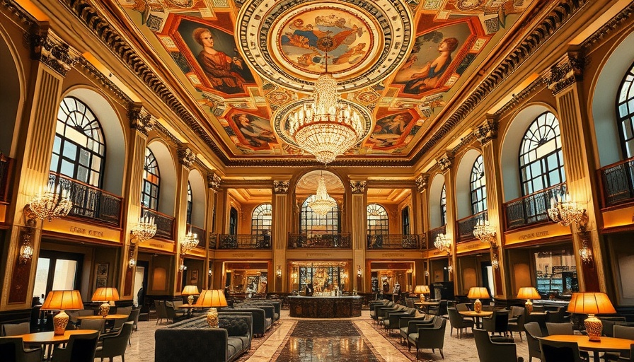 Opulent hotel lobby bar with luxurious decor and detailed ceiling.