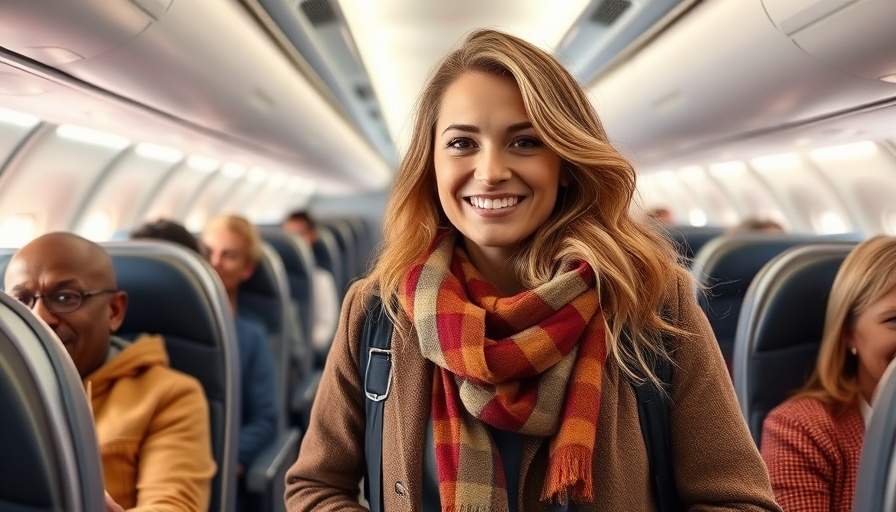 Woman in airplane wearing layered travel outfit, relaxed.