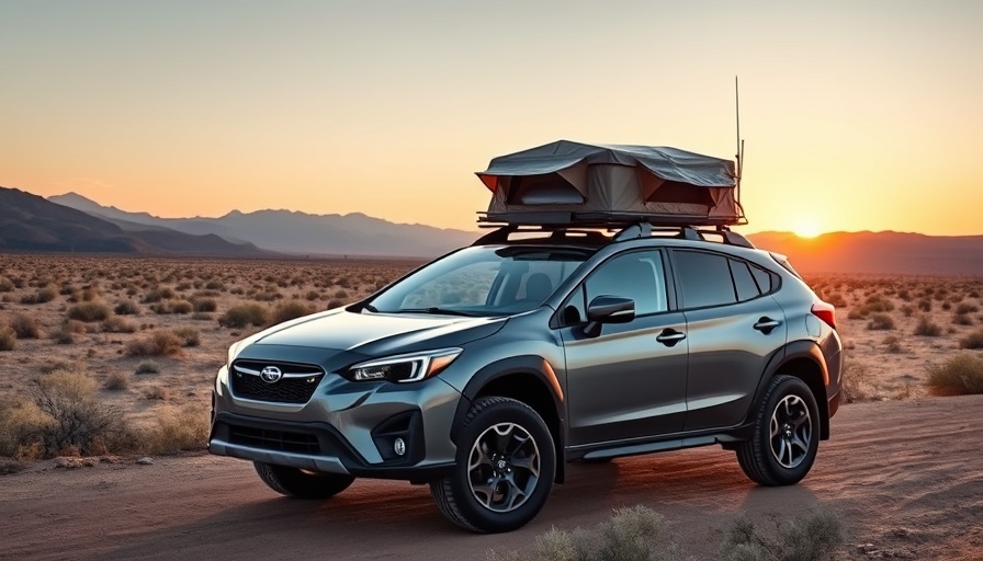 Subaru Crosstrek Wilderness overlanding in desert at sunset.