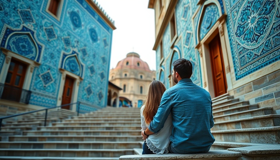 Couple sitting by ornate mosaic archway on Silk Road, hidden gem.