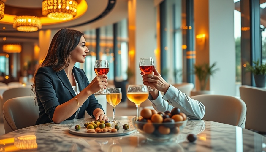 Elegant gathering with cocktails and snacks in warm lighting.