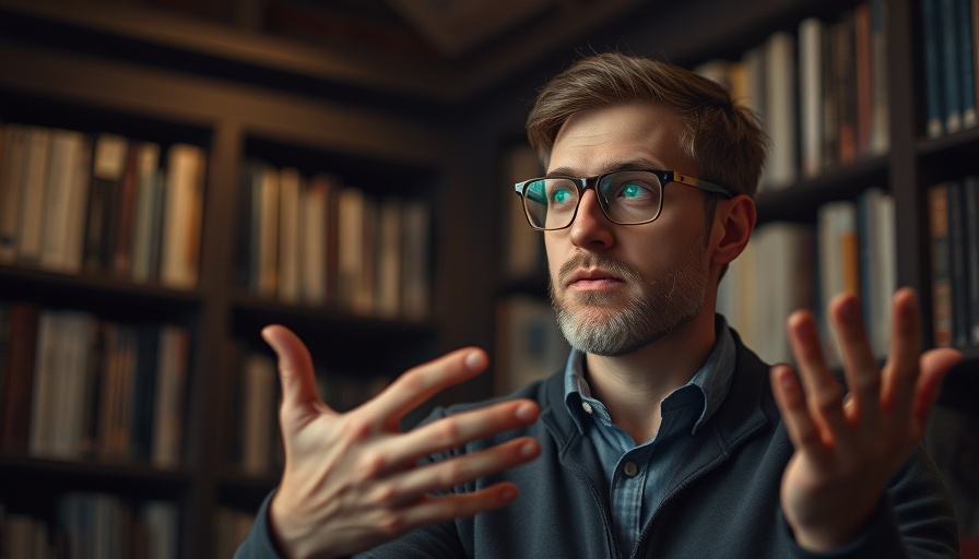 Man talking in a dimly lit room with bookshelves.