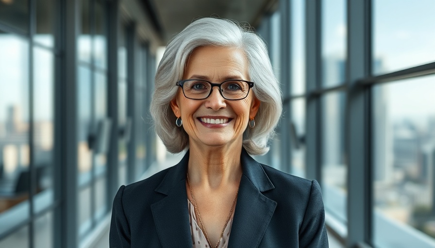 Senior living professional woman smiling confidently in office setting.